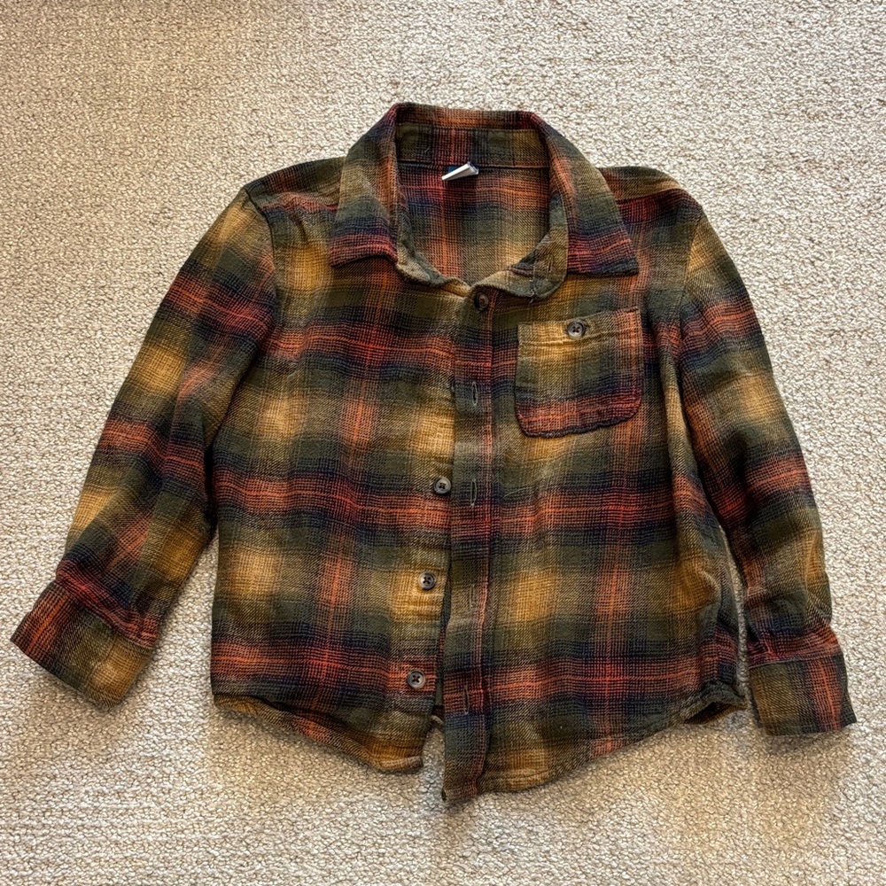 Old Navy Kids Plaid Button Down Shirt - Green, Brown, Orange